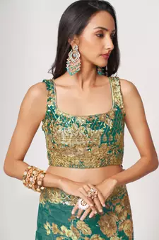 Delightful Teal Blue Digital Print Organza Festive Wear Saree