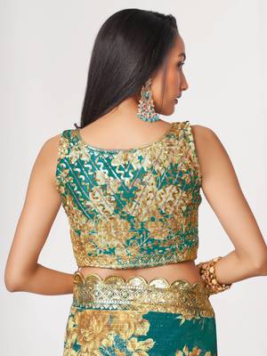Delightful Teal Blue Digital Print Organza Festive Wear Saree 7