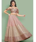 Peach sequins silk semi stitched lehenga