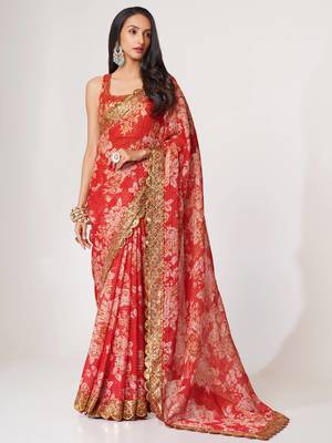 Delightful Red Digital Print Organza Festive Wear Saree 1