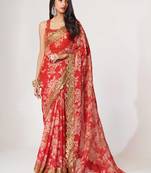 Delightful Red Digital Print Organza Festive Wear Saree