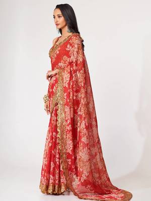 Delightful Red Digital Print Organza Festive Wear Saree 2
