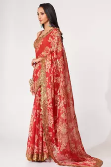 Delightful Red Digital Print Organza Festive Wear Saree