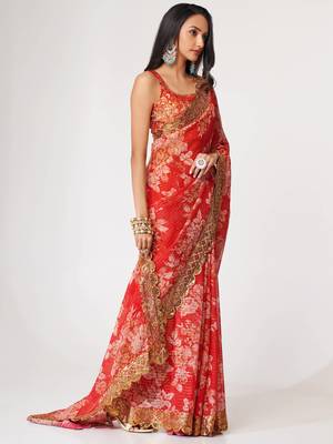 Delightful Red Digital Print Organza Festive Wear Saree 3