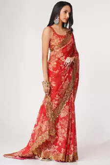 Delightful Red Digital Print Organza Festive Wear Saree