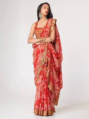 Delightful Red Digital Print Organza Festive Wear Saree 4