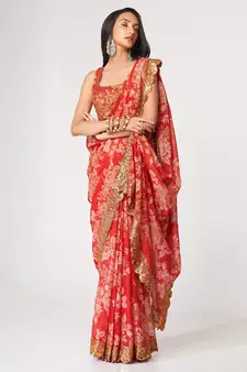 Delightful Red Digital Print Organza Festive Wear Saree