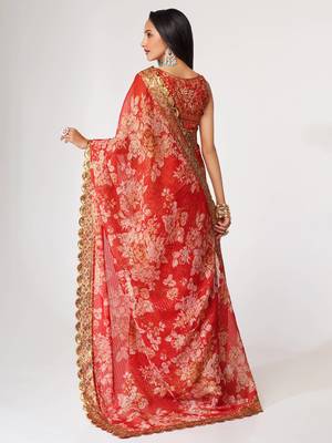 Delightful Red Digital Print Organza Festive Wear Saree 5