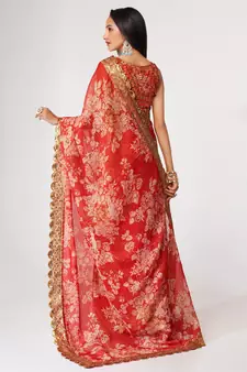 Delightful Red Digital Print Organza Festive Wear Saree