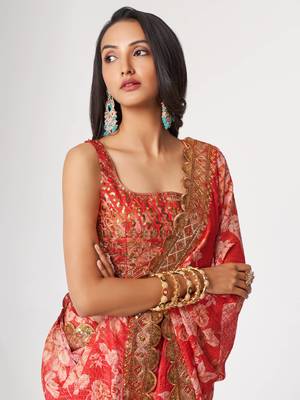 Delightful Red Digital Print Organza Festive Wear Saree 6