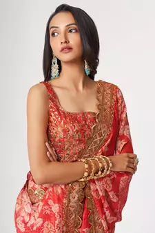 Delightful Red Digital Print Organza Festive Wear Saree