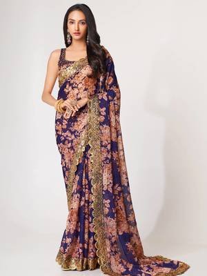 Delightful Purple Digital Print Organza Festive Wear Saree 1