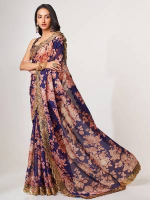 Delightful Purple Digital Print Organza Festive Wear Saree 2