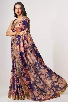 Delightful Purple Digital Print Organza Festive Wear Saree