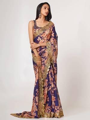 Delightful Purple Digital Print Organza Festive Wear Saree 3