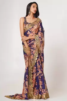 Delightful Purple Digital Print Organza Festive Wear Saree