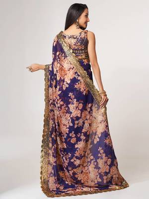 Delightful Purple Digital Print Organza Festive Wear Saree 4