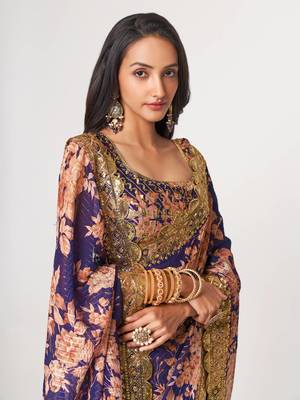Delightful Purple Digital Print Organza Festive Wear Saree 5