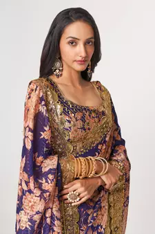 Delightful Purple Digital Print Organza Festive Wear Saree