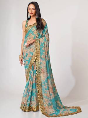 Delightful Sky Blue Digital Print Organza Festive Wear Saree 1
