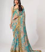 Delightful Sky Blue Digital Print Organza Festive Wear Saree