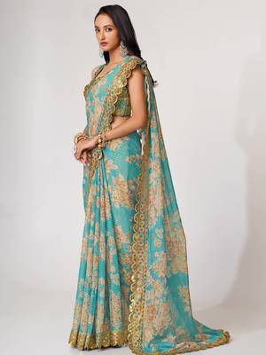 Delightful Sky Blue Digital Print Organza Festive Wear Saree 2