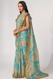 Delightful Sky Blue Digital Print Organza Festive Wear Saree