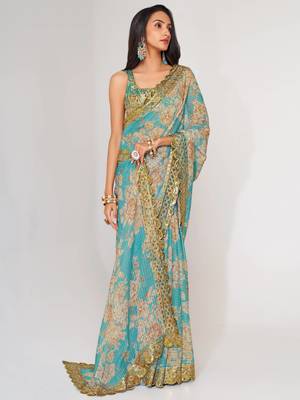 Delightful Sky Blue Digital Print Organza Festive Wear Saree 3