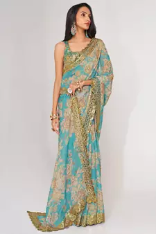 Delightful Sky Blue Digital Print Organza Festive Wear Saree
