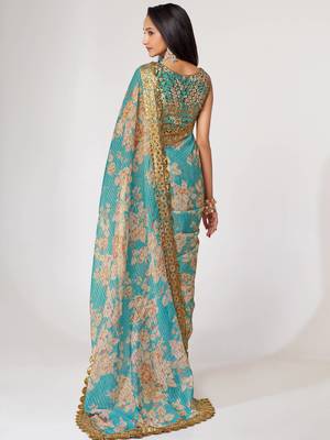 Delightful Sky Blue Digital Print Organza Festive Wear Saree 4