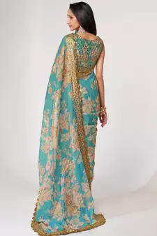 Delightful Sky Blue Digital Print Organza Festive Wear Saree