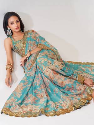 Delightful Sky Blue Digital Print Organza Festive Wear Saree 5