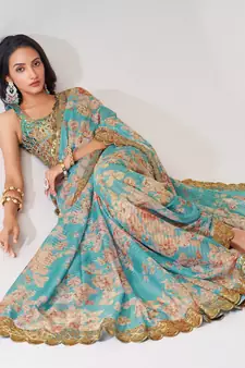 Delightful Sky Blue Digital Print Organza Festive Wear Saree