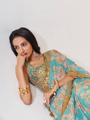 Delightful Sky Blue Digital Print Organza Festive Wear Saree 6