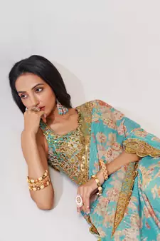 Delightful Sky Blue Digital Print Organza Festive Wear Saree