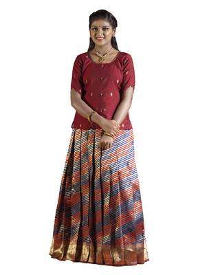 navy blue silk blend pavadai set with leheriya work 1