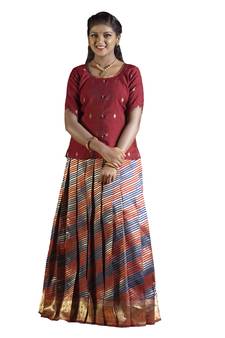 navy blue silk blend pavadai set with leheriya work