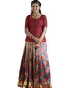 navy blue peacock leheriya pattu pavadai set