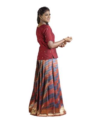 navy blue silk blend pavadai set with leheriya work 2
