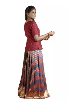navy blue silk blend pavadai set with leheriya work