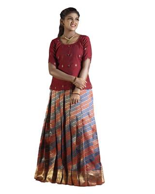 navy blue silk blend pavadai set with leheriya work 3