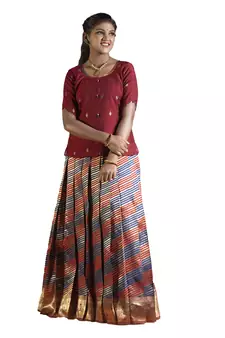 navy blue silk blend pavadai set with leheriya work