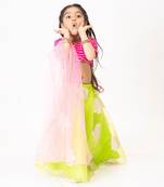 Parrot Green Organza Lehenga With Pink Gota Detail Choli Set