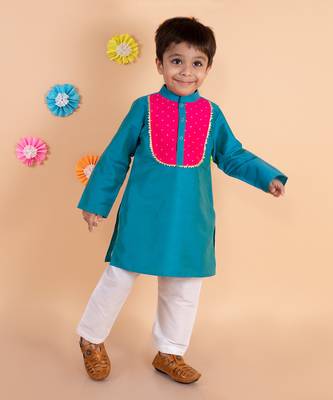 Blue Kurta Set With Pink Patch 1