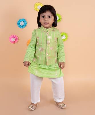 Parrot Green Golden Lotus Nehru Jacket Set 1