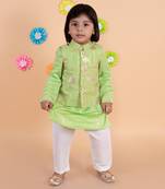 Parrot Green Golden Lotus Nehru Jacket Set