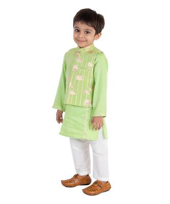 Parrot Green Golden Lotus Nehru Jacket Set 2