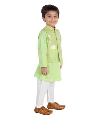 Parrot Green Golden Lotus Nehru Jacket Set 4