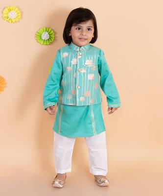Turqouise Golden Lotus Nehru Jacket Set 2