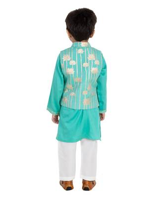 Turqouise Golden Lotus Nehru Jacket Set 3